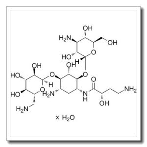 D-​Streptamine, O-​3-​amino-​3-​deoxy-​α-​D-​glucopyranosyl-​(1→6)​-​O-​[6-​amino-​6-​deoxy-​α-​D-​glucopyranosyl-​(1→4)​]​-​N1-​[(2S)​-​4-​amino-​2-​hydroxy-​1-​oxobutyl]​-​2-​deoxy-​, hydrate